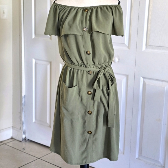 Off-the-Shoulder A-Line Dress With Ruffles Olive Green